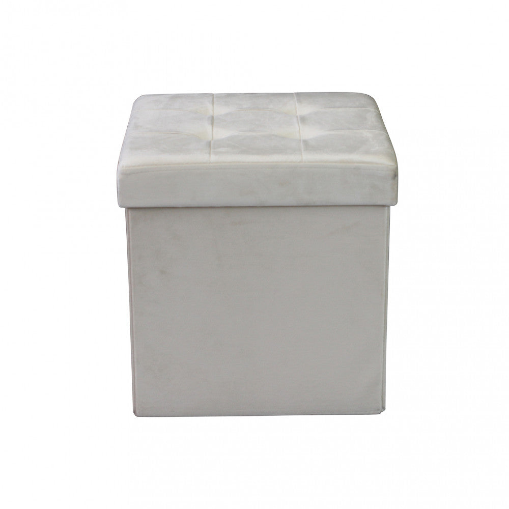 Vista frontale del pouf contenitore in velluto beige, che mostra la struttura solida e il design pulito.