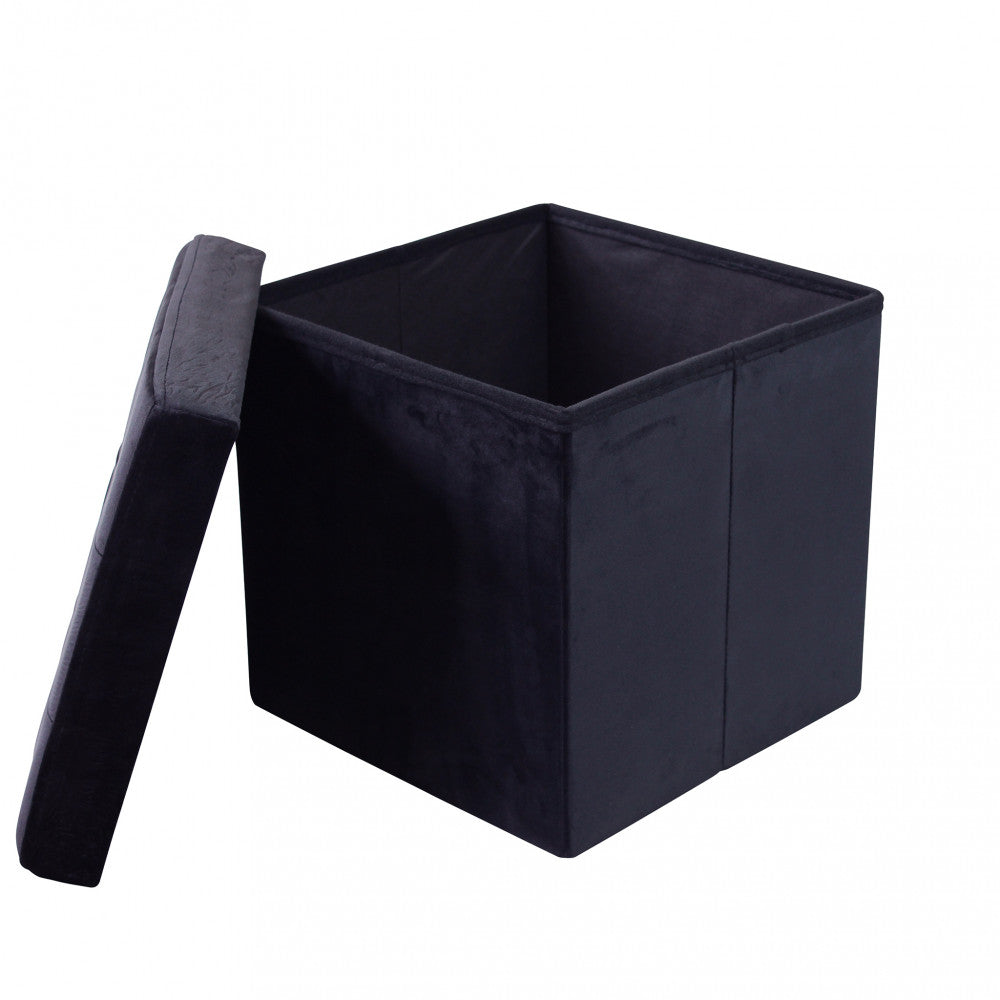 Pouf contenitore nero con coperchio parzialmente sollevato, mostrando il capiente vano interno.