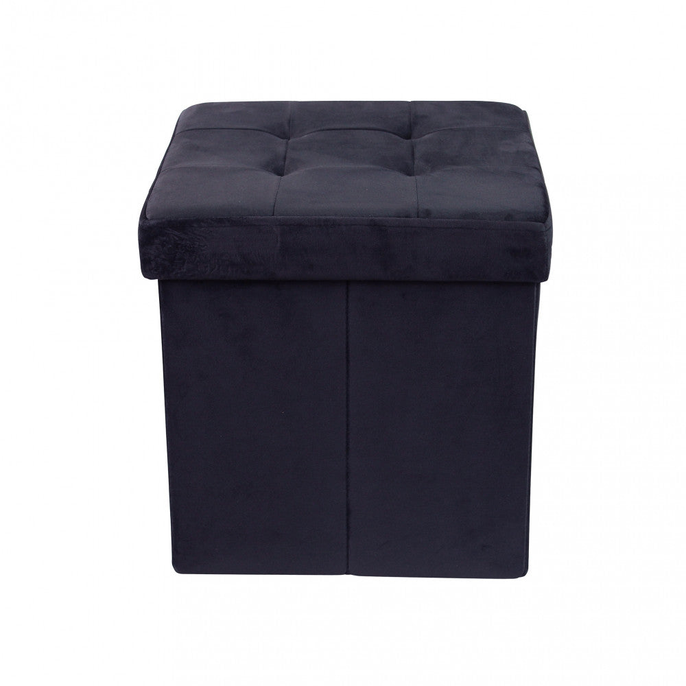 Inquadratura frontale del pouf chiuso, che sottolinea il rigore geometrico e l'eleganza del nero.