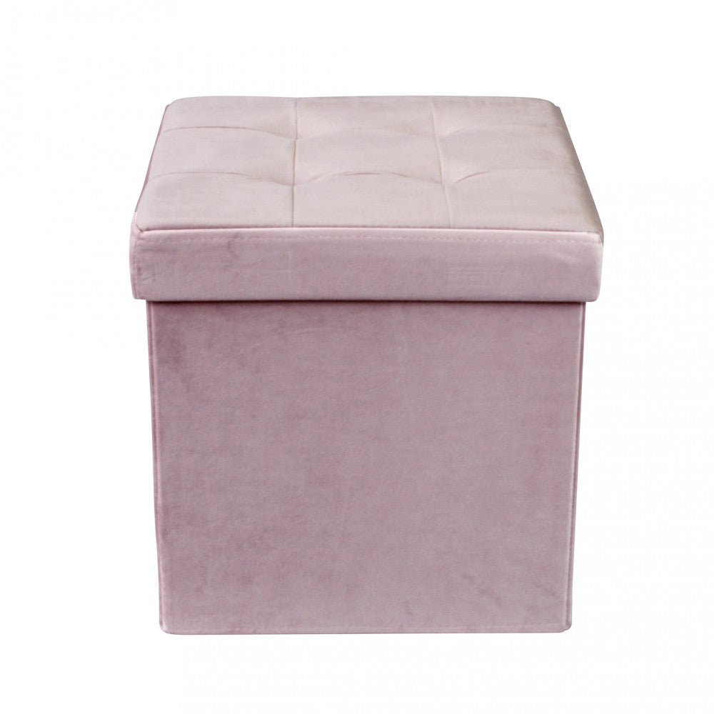 Vista laterale del pouf quadrato rosa, con focus sulla finitura elegante e il design compatto.