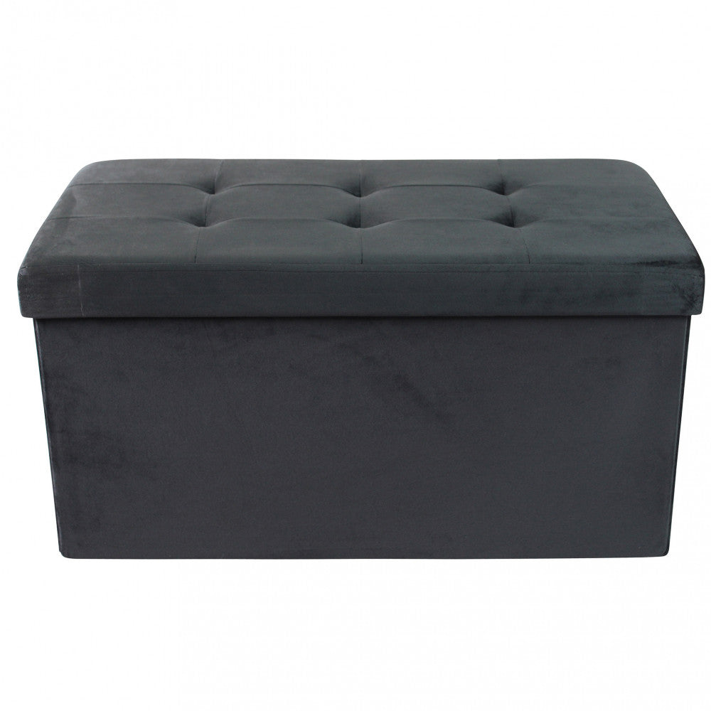 Vista frontale del pouf contenitore in velluto nero, che evidenzia la struttura solida e il rivestimento elegante.