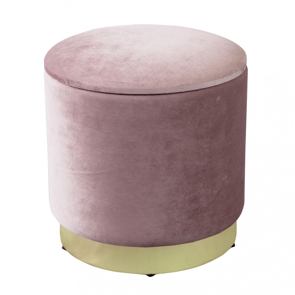 Vista frontale del pouf contenitore in velluto rosa su sfondo neutro.