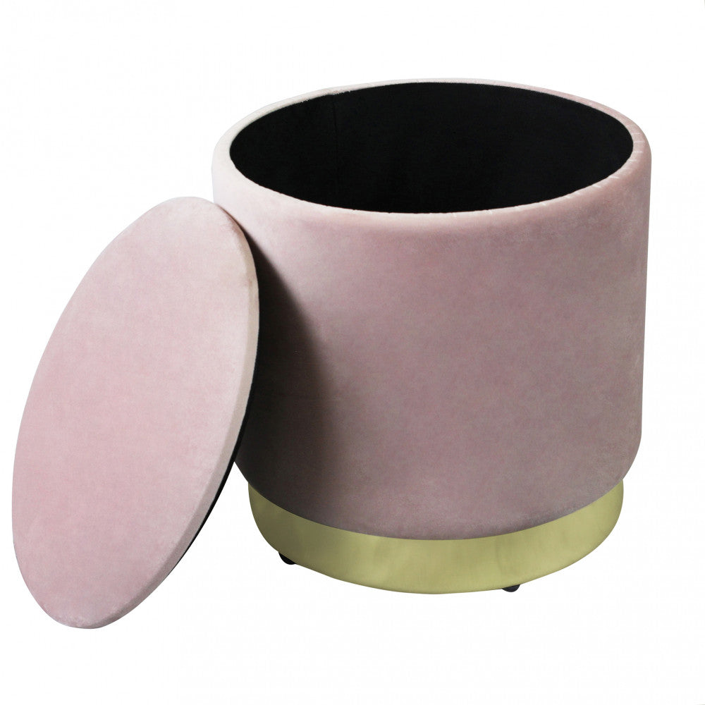 Pouf in velluto rosa con coperchio rimosso, che mostra l'ampio vano contenitore interno.