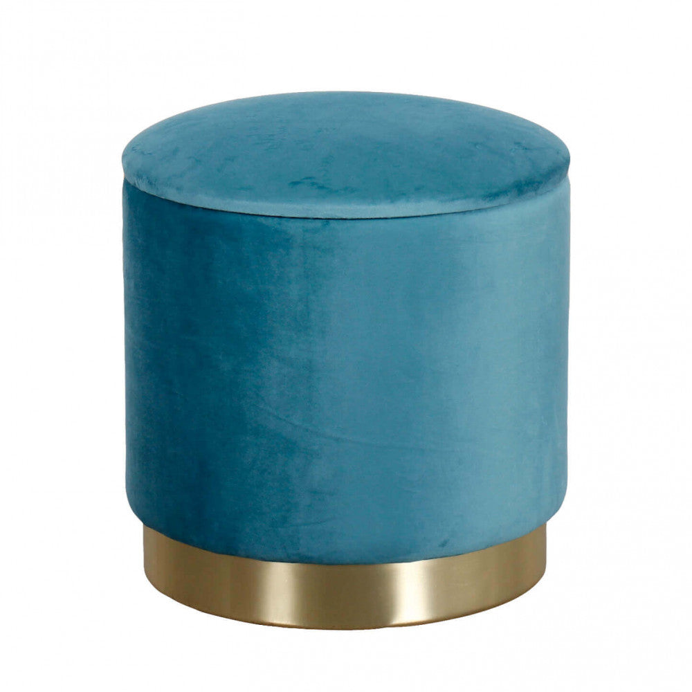 Vista frontale del pouf contenitore chiuso con base metallica dorata su sfondo bianco.