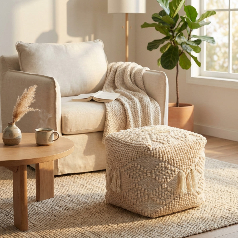 Pouf Jildaz bianco con frange decorative, ambientato in un'area relax vicino a una poltrona moderna e una pianta da interni.