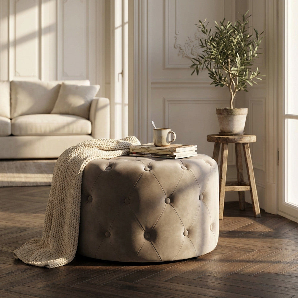 Il pouf rotondo in velluto tortora in un salotto, arricchito da una coperta in maglia spessa, libri e una tazza, vicino a uno sgabello rustico in legno con una pianta di ulivo.
