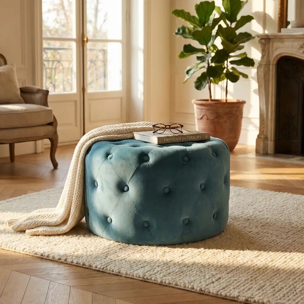 Pouf rotondo in velluto verde acqua ambientato in un salotto luminoso con parquet e camino classico.