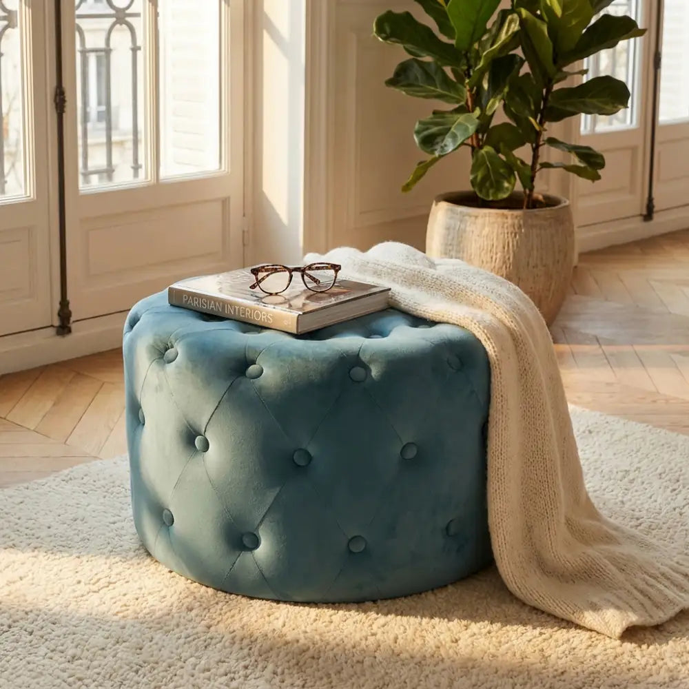 Dettaglio del pouf rotondo in velluto con lavorazione capitonné, libri di design e coperta appoggiati sopra.