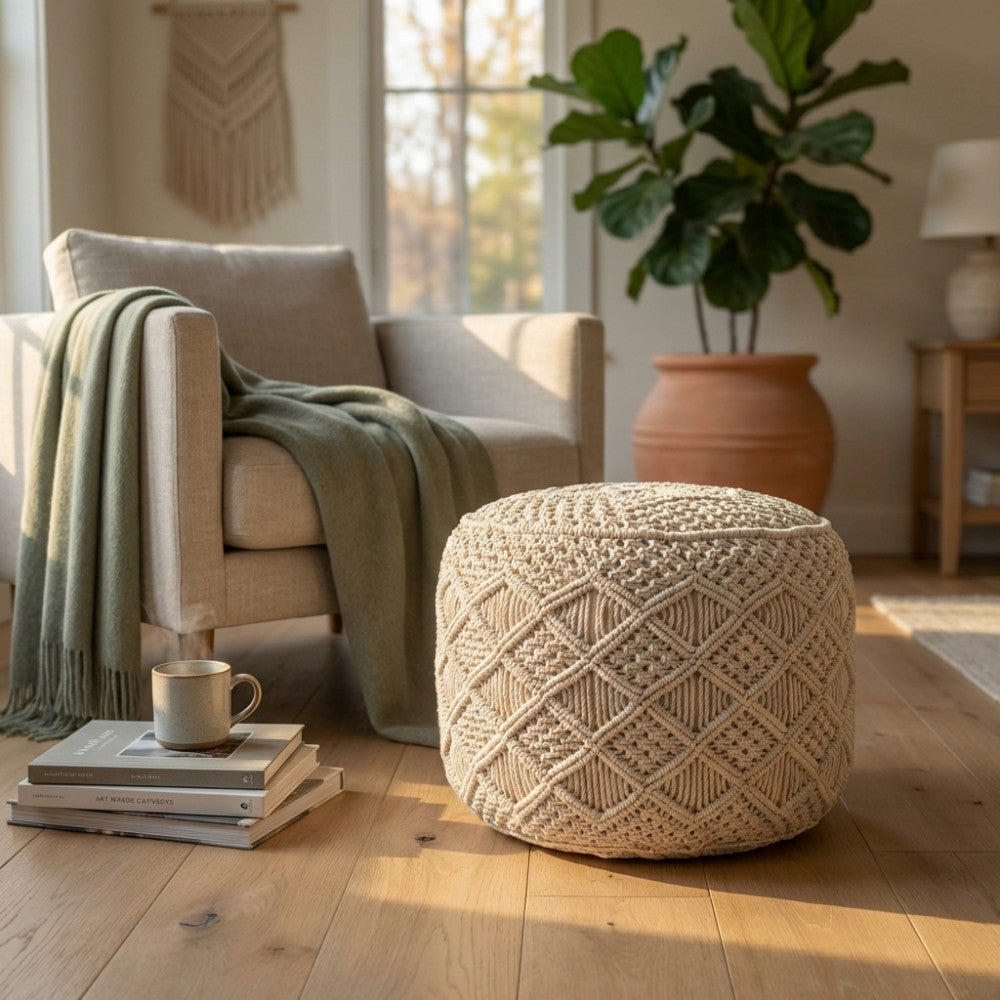 Pouf Tripoli in cotone bianco ambientato in un luminoso soggiorno boho chic accanto a una poltrona.