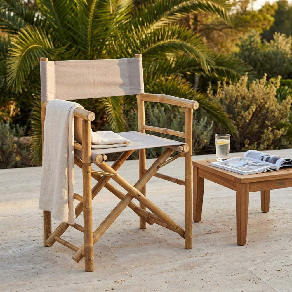 Dettaglio laterale della sedia regista in legno con luce naturale del tramonto e vegetazione.