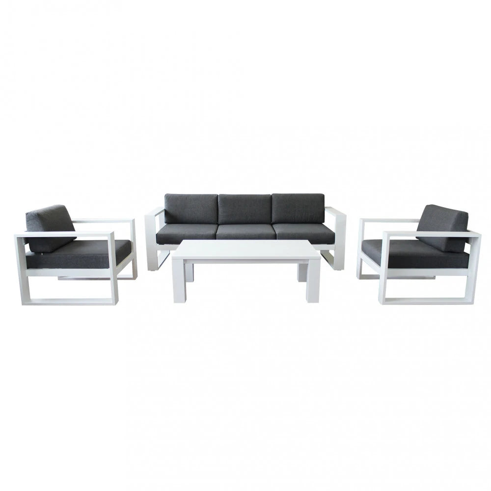 Salotto Knoxville da esterno in Alluminio Verniciato Bianco, composto da Divano 3 posti (227 cm), due poltrone e tavolino, con cuscini inclusi, vista frontale