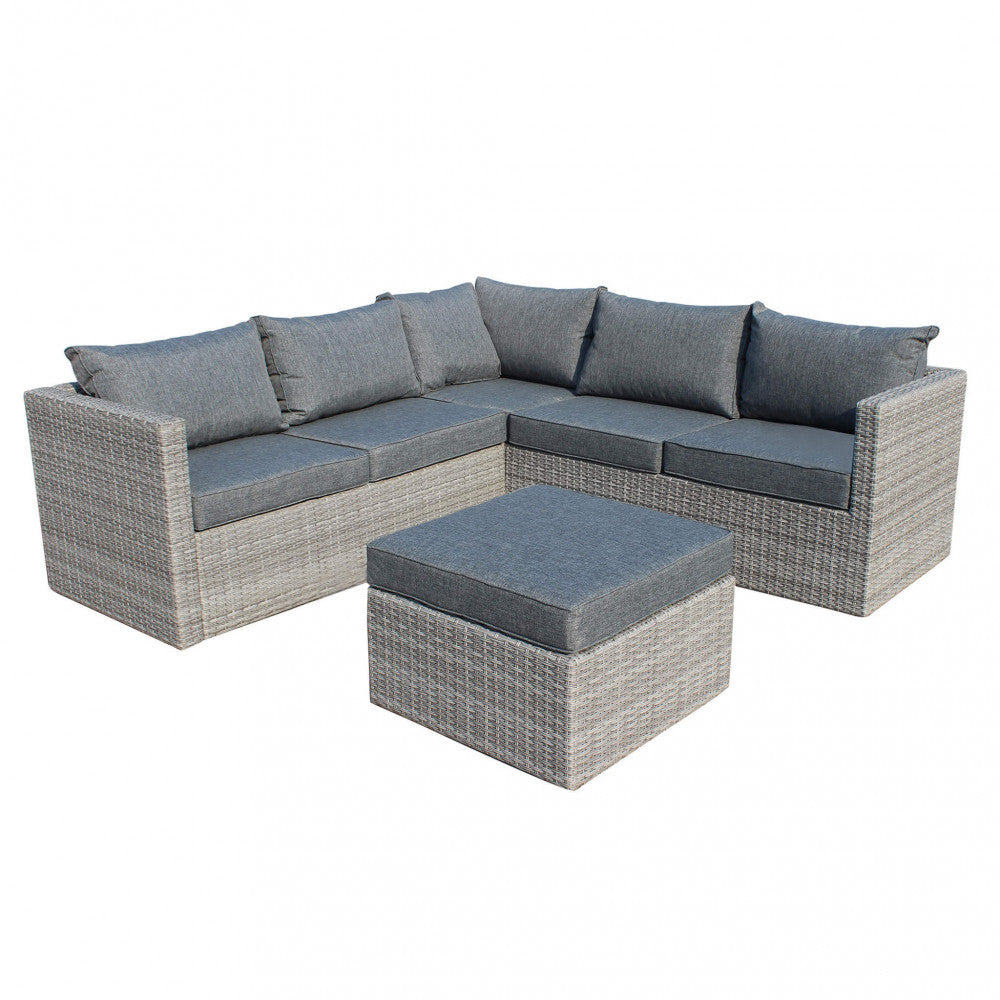 Salotto angolare da esterno Argentina con struttura in alluminio e rivestimento in wicker grigio, completo di cuscini e un tavolino quadrato