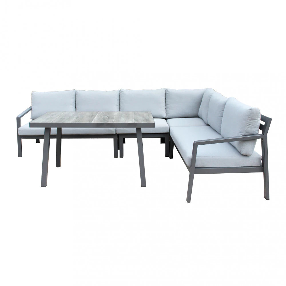 Set salotto angolare Boracay in alluminio verniciato antracite con cuscini grigi, composto da divano ad angolo, due poltrone e un tavolino rettangolare. | Albert Stock