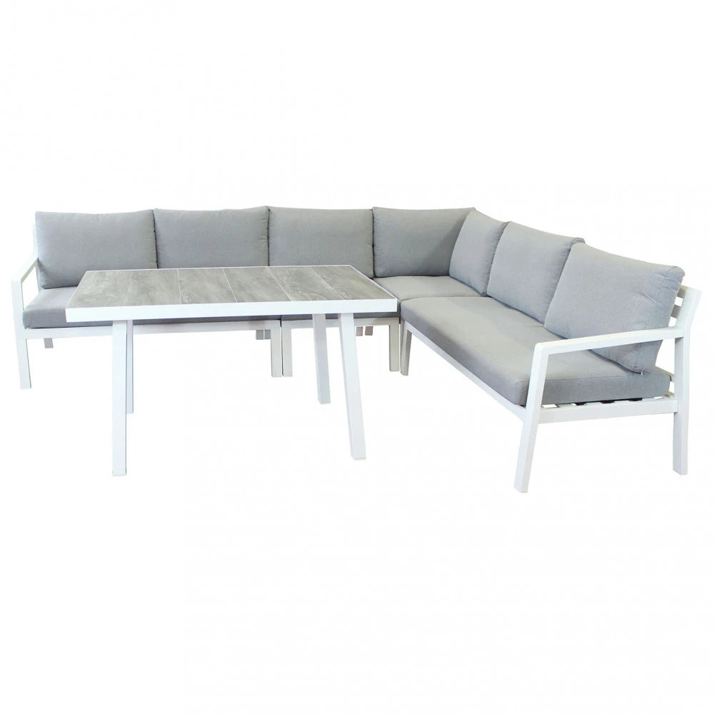 Salotto Angolare Boracay da esterno in Alluminio Verniciato Bianco con cuscini, composto da divano, poltrona e tavolino.