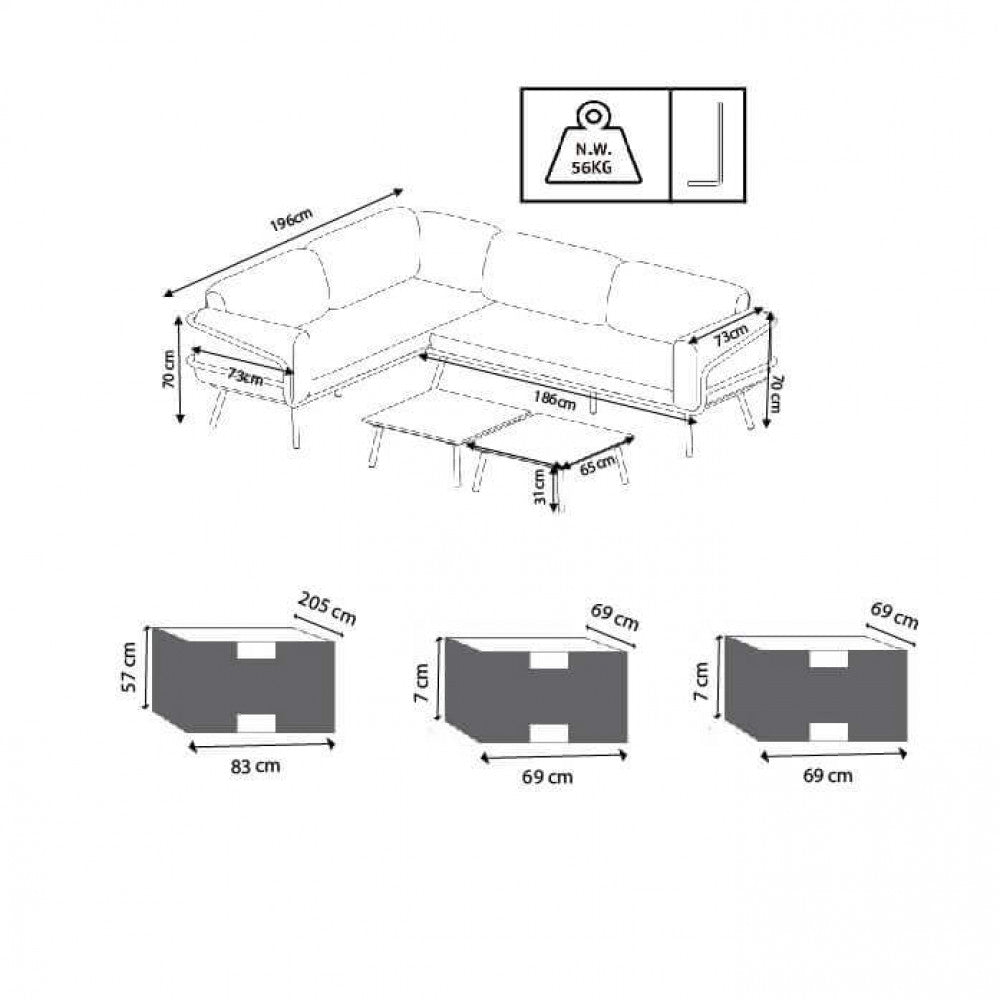 Disegno tecnico del salotto angolare Suez con quote dimensionali dettagliate per il divano, i tavolini e le specifiche dei tre colli di imballaggio.