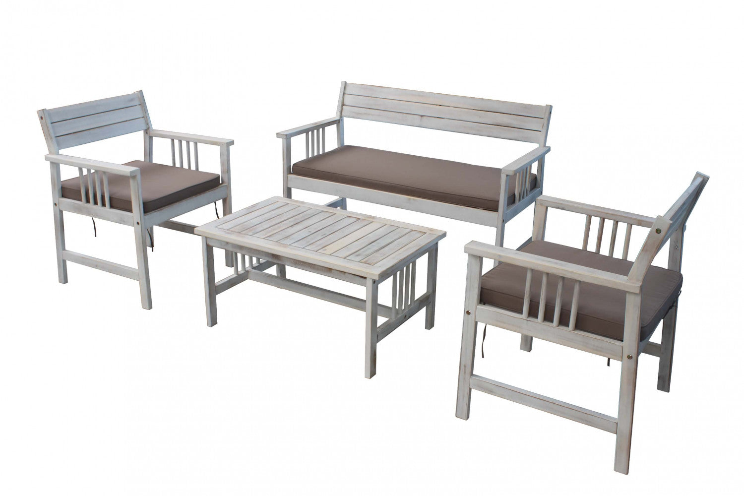 Set salotto da esterno Bali con struttura in legno di acacia, braccioli in rattan sintetico e cuscini bianchi, composto da divano, due poltrone e un tavolino