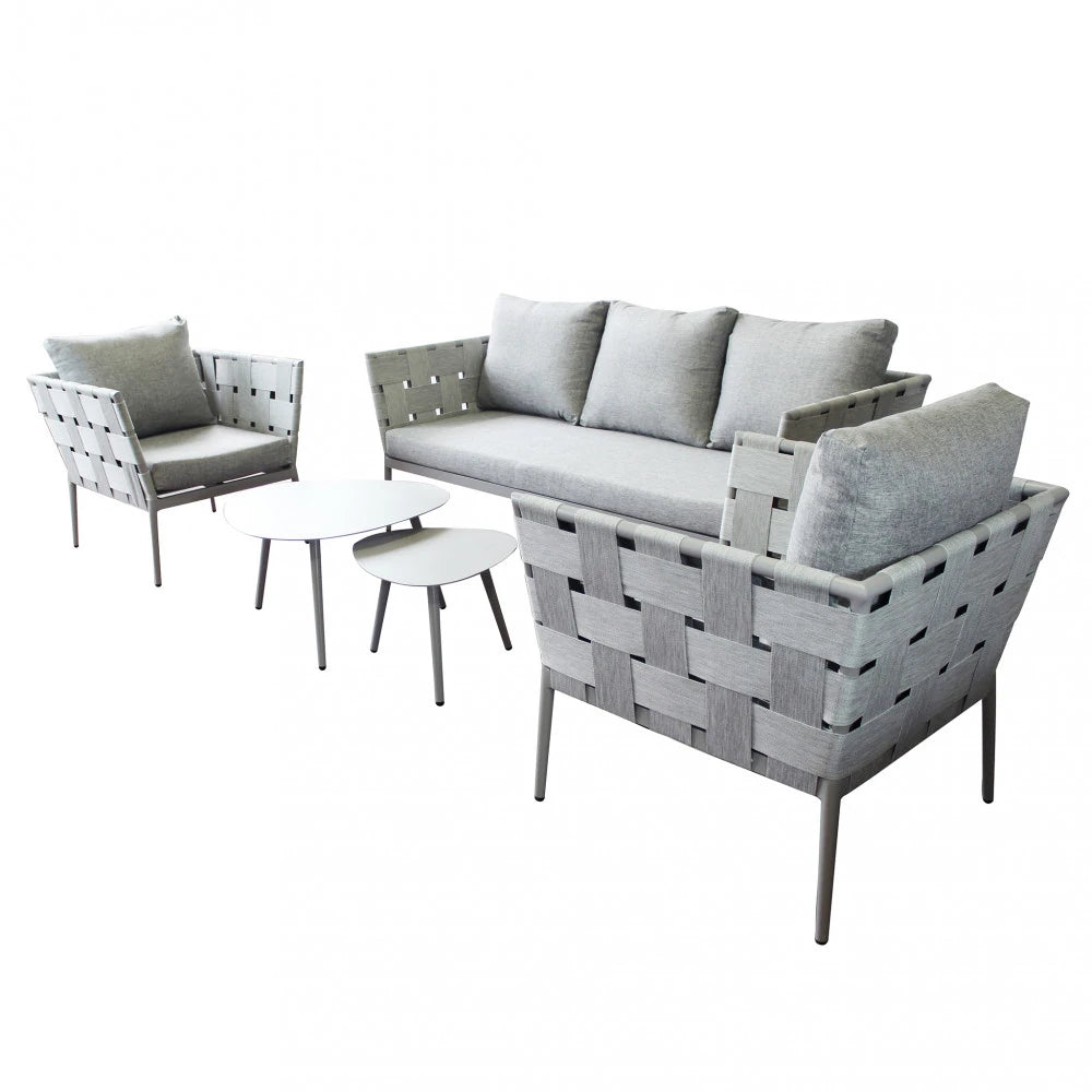 Salotto Dakar Tortora da esterno in Alluminio verniciato, composto da divano 3 posti, due poltrone e due tavolini, con cuscini inclusi, vista panoramica laterale