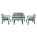 Set completo salotto Delaware grigio in polipropilene con divano, due poltrone e tavolino su sfondo bianco.