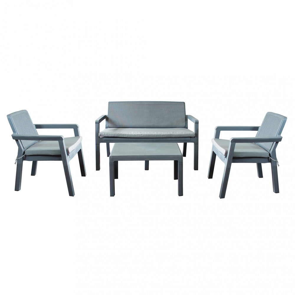 Set completo salotto Delaware grigio in polipropilene con divano, due poltrone e tavolino su sfondo bianco.