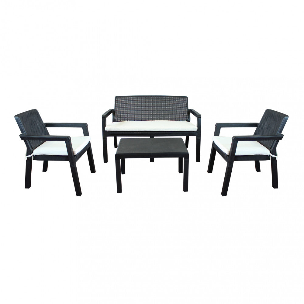 Salotto Da Esterno Delaware 2P in polipropilene nero con cuscini beige