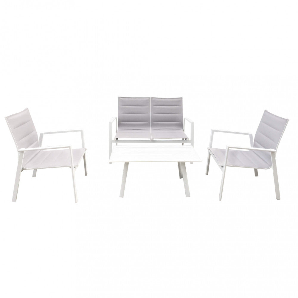 Set salotto da esterno Illinois 2 Posti con struttura in alluminio bianco e textilene imbottito grigio chiaro, composto da divano a due posti, due poltrone e un tavolino rettangolare