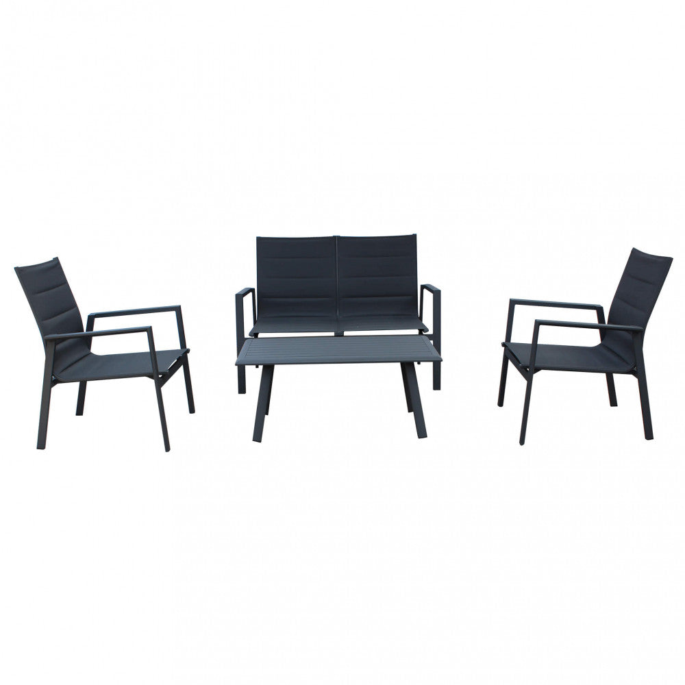 Set salotto da esterno Illinois 2 Posti con struttura in alluminio bianco e textilene imbottito grigio chiaro, composto da divano a due posti, due poltrone e un tavolino rettangolare