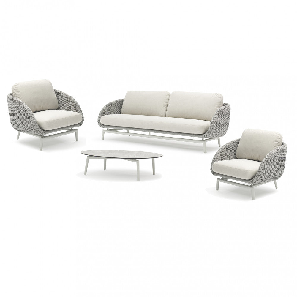 Set completo Janeiro su sfondo bianco con divano, due poltrone e tavolino in HPL.