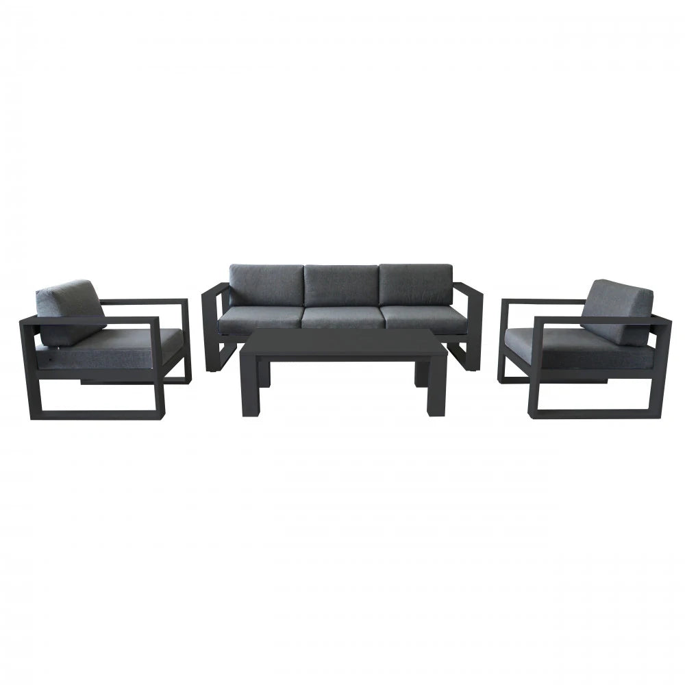 Salotto Knoxville da esterno in Alluminio Verniciato Antracite, composto da Divano 3 posti (227 cm), due poltrone e tavolino, con cuscini inclusi