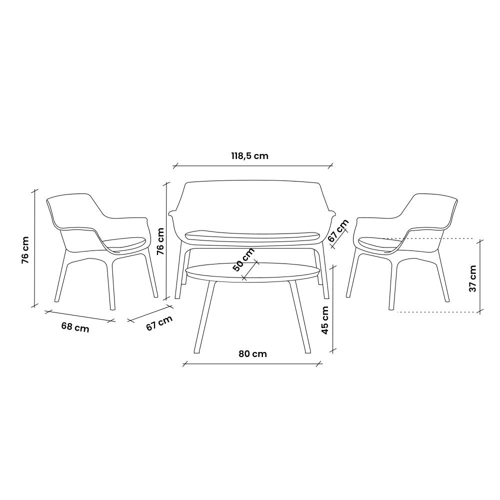 Disegno tecnico del salotto Luxor con quote dimensionali di divano, poltrone e tavolino.