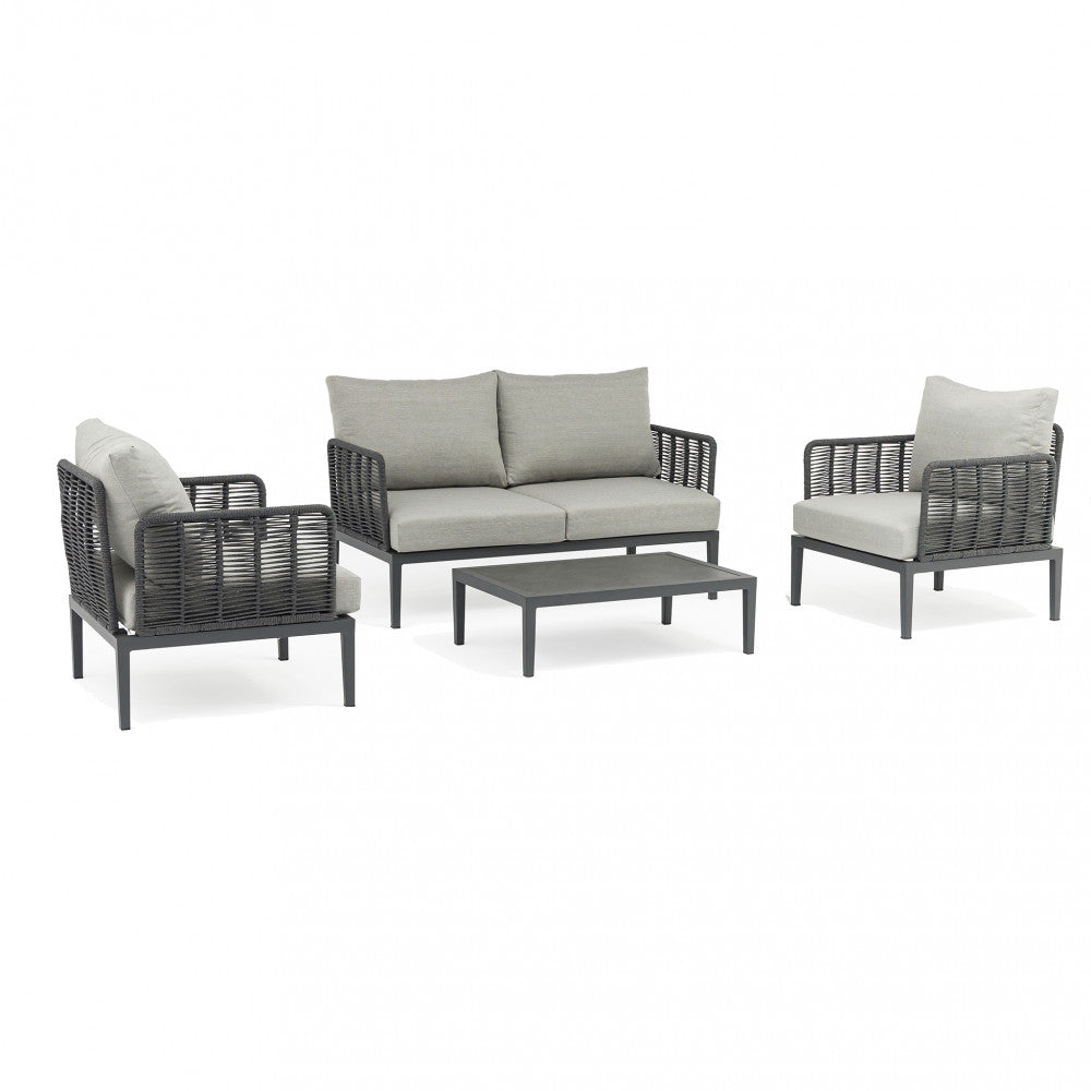 Vista frontale del set completo Salotto Marigot su sfondo bianco, che evidenzia la struttura in HPL e PVC.