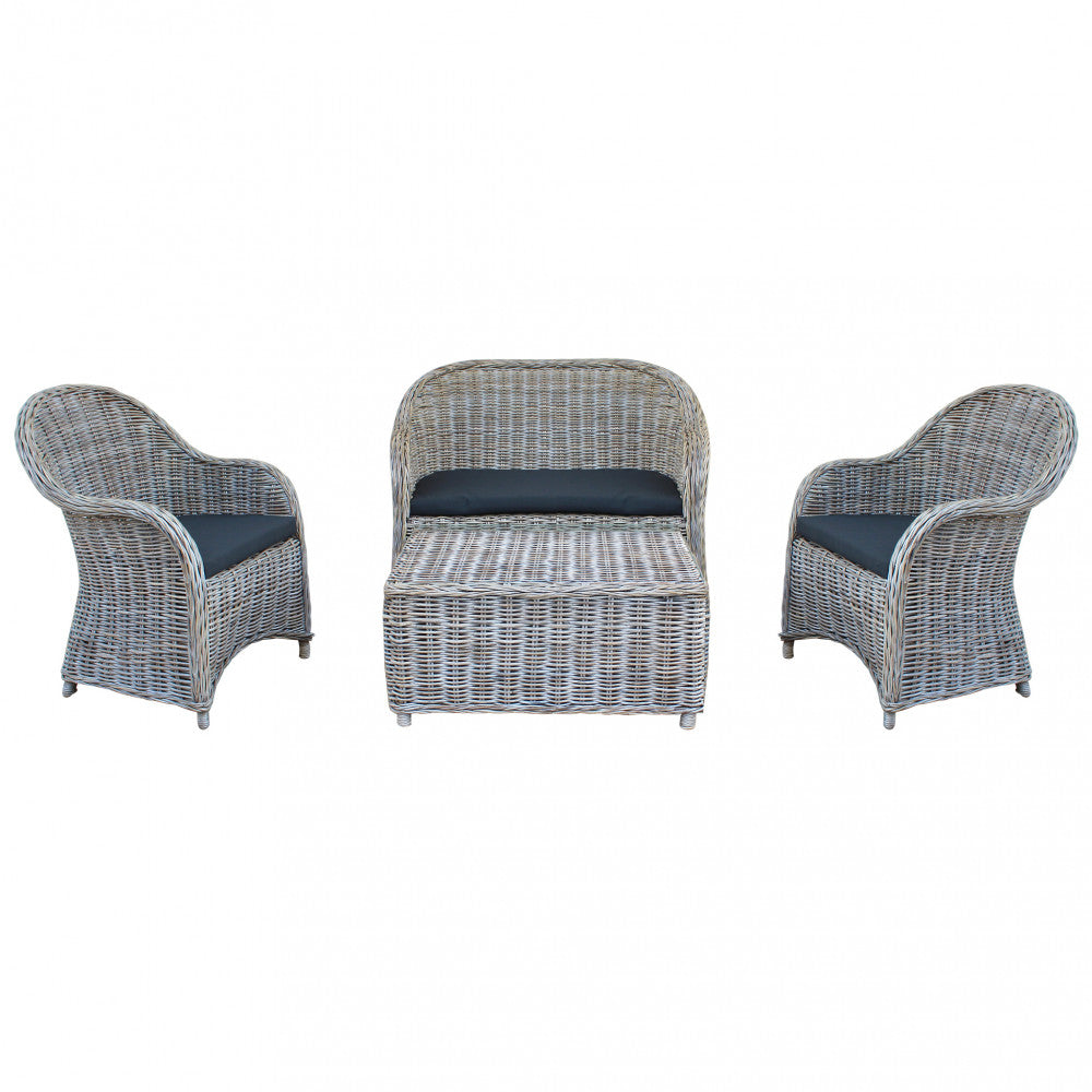 Set salotto da esterno Mawi 2P con struttura in legno e kubu rattan, completo di divano a due posti, due poltrone e un tavolino