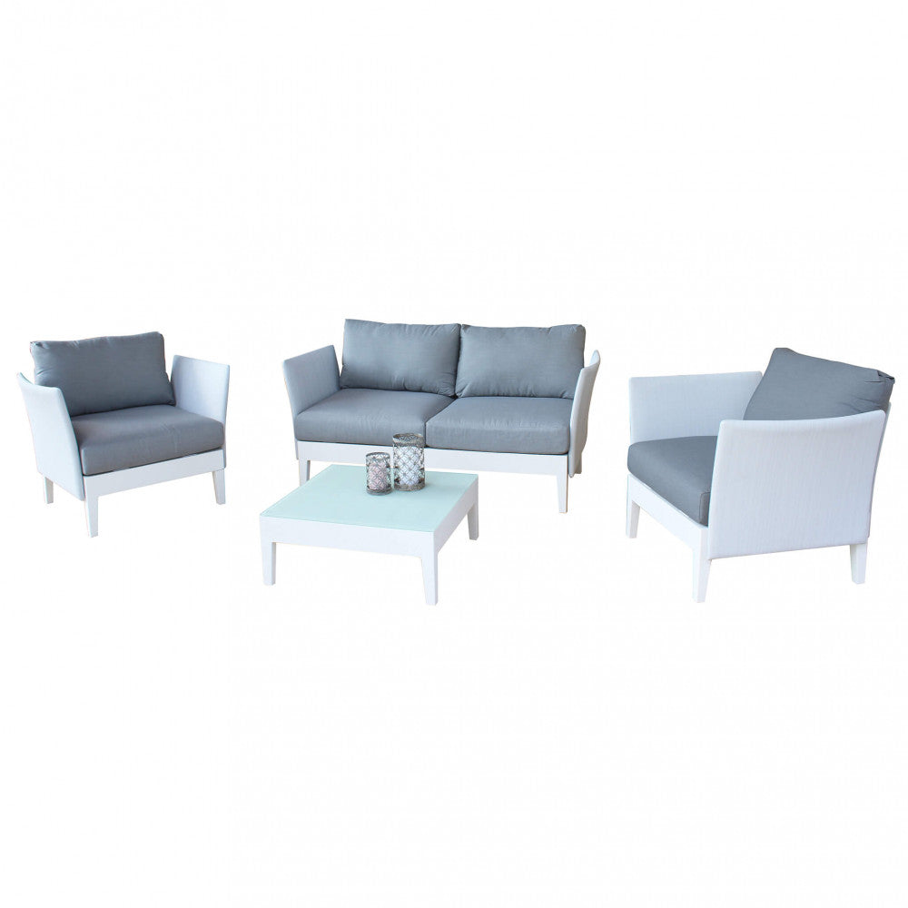 Set completo salotto Minneapolis isolato su sfondo bianco, che evidenzia la struttura in alluminio e le sedute in textilene.