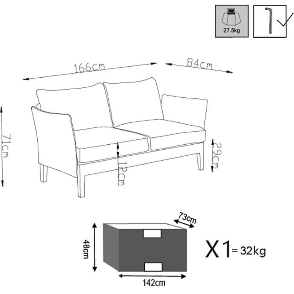 Disegno tecnico del divano a due posti Minneapolis con quote dimensionali di 166x84x71 cm e dettagli di imballaggio.