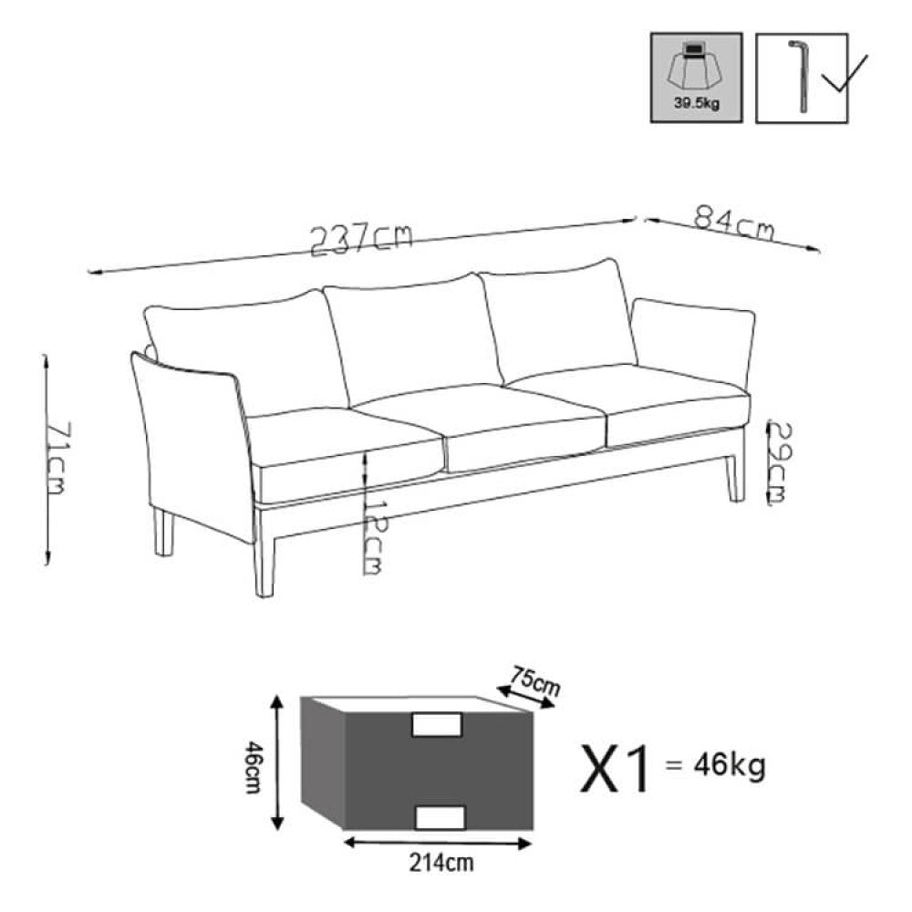 Disegno tecnico del divano a tre posti Minneapolis con quote dimensionali dettagliate e specifiche di imballaggio.