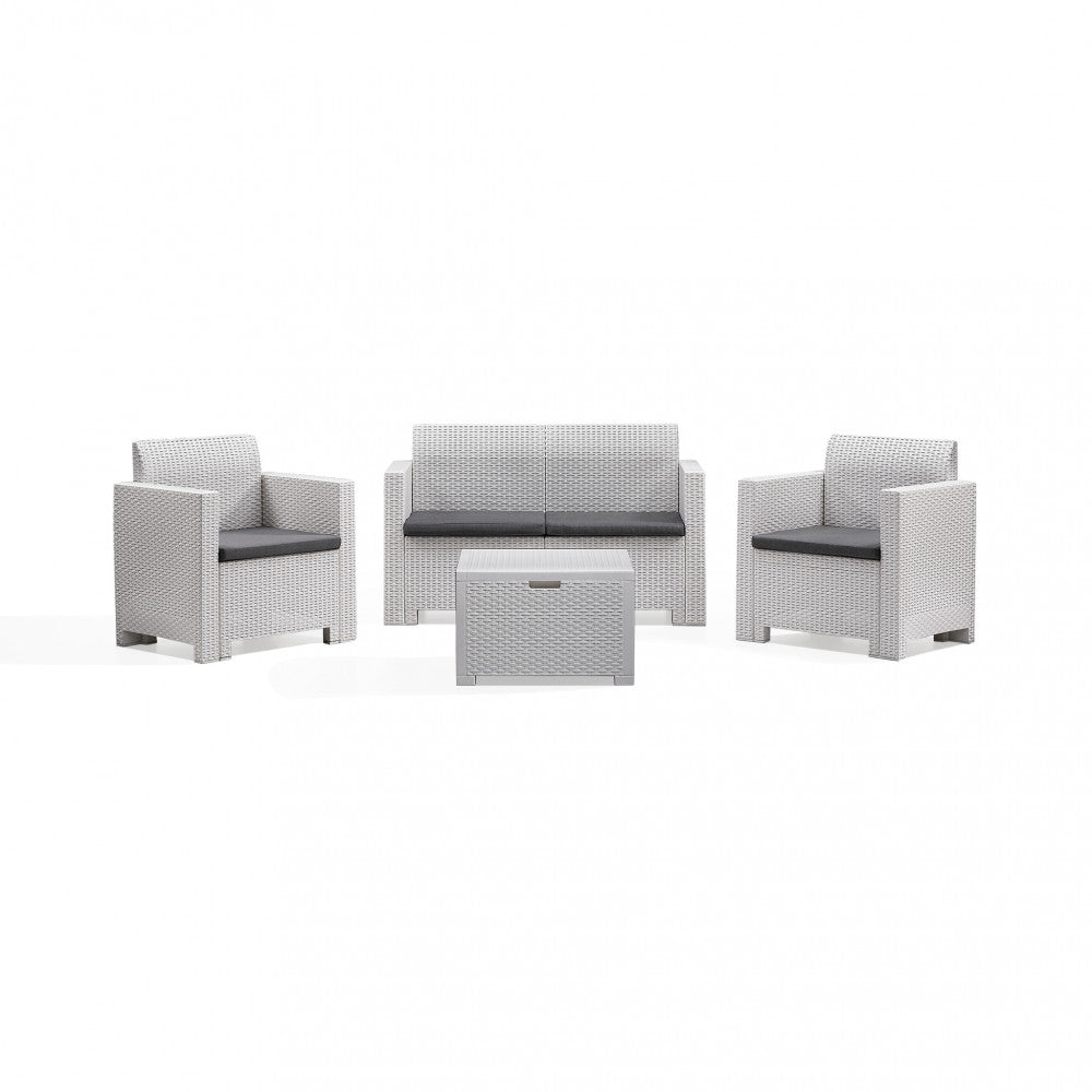 Vista frontale del set completo Salotto Nebraska su sfondo bianco, composto da divano, due poltrone e tavolino contenitore.