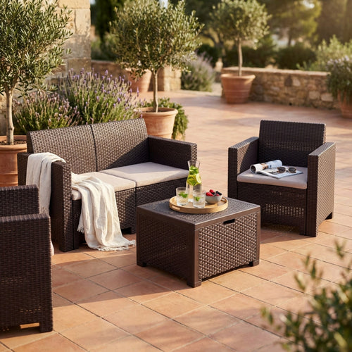 Set relax Nebraska in polimero intrecciato marrone, posizionato su un patio in cotto circondato da ulivi e piante mediterranee.