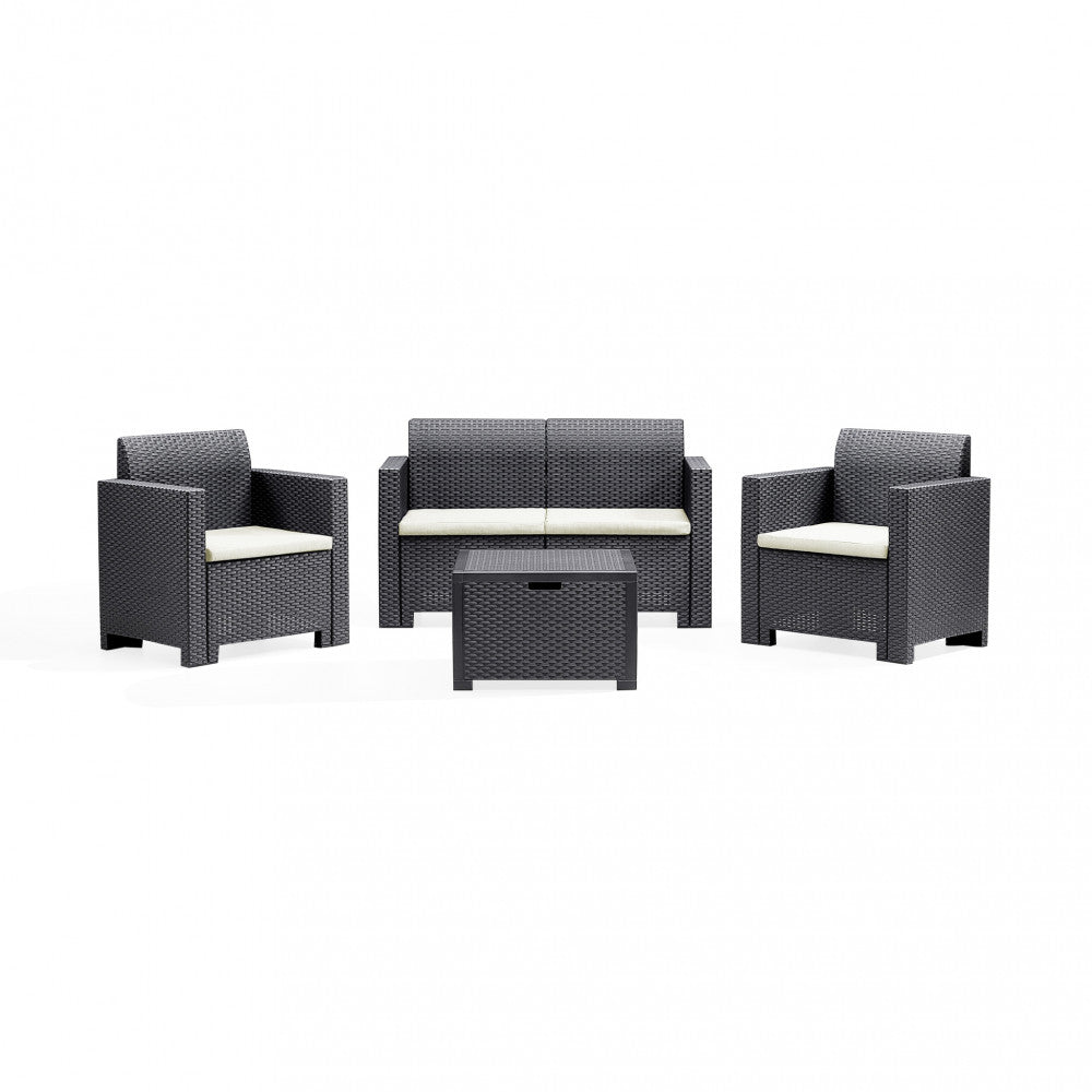 Set salotto da esterno Nebraska 2P con struttura in plastica stampata effetto wicker color nero, completo di cuscini e un tavolino