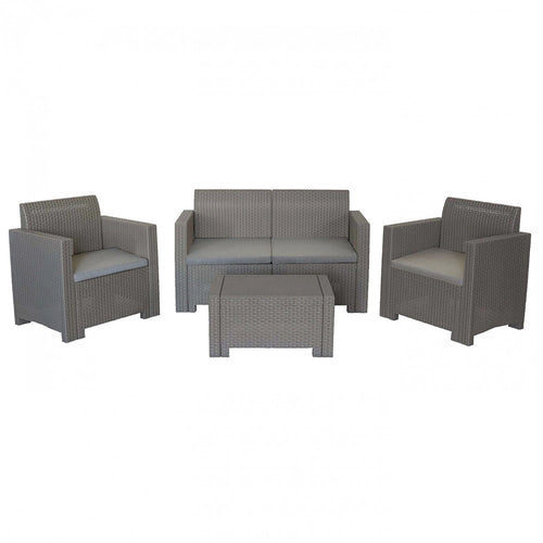 Set salotto da esterno Nebraska 2P con struttura in plastica stampata effetto wicker color tortora, completo di cuscini e un tavolino