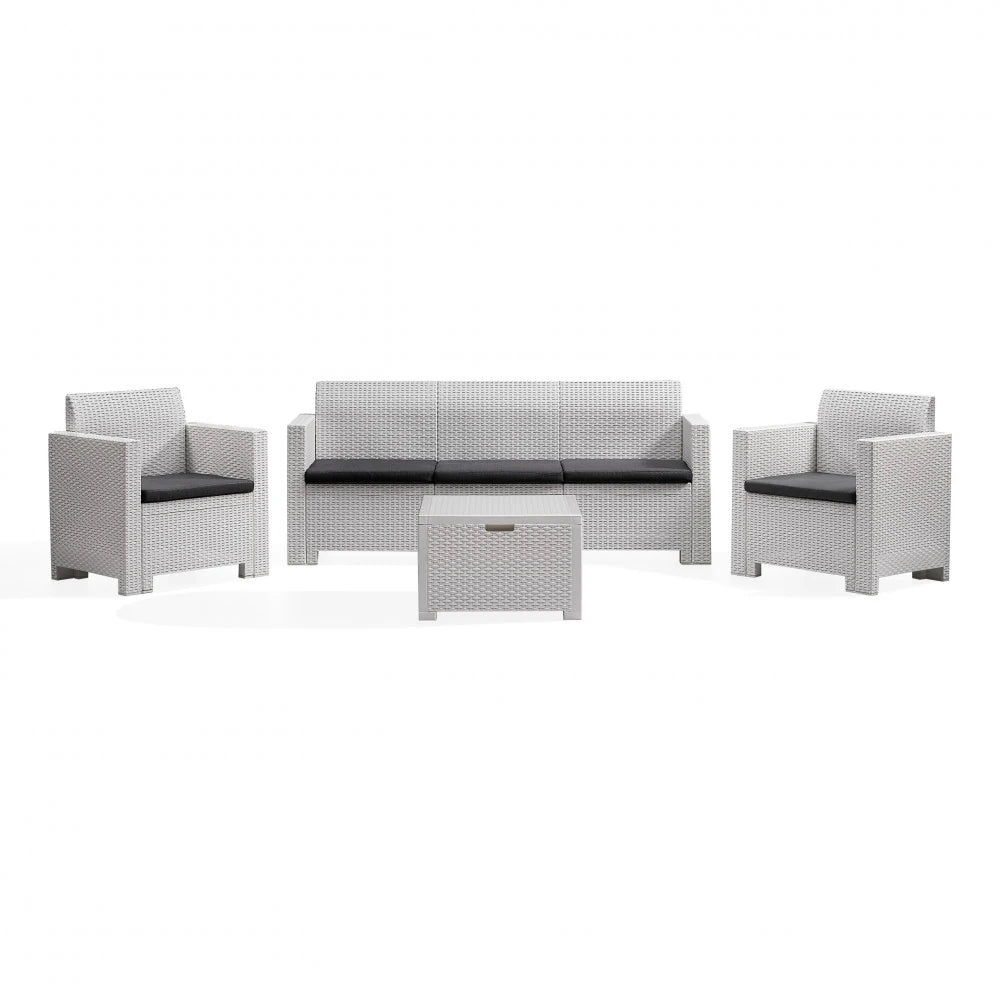 Salotto Nebraska 3 Posti in Plastica Stampata Bianca effetto wicker, completo di divano, due poltrone, tavolino e cuscini.