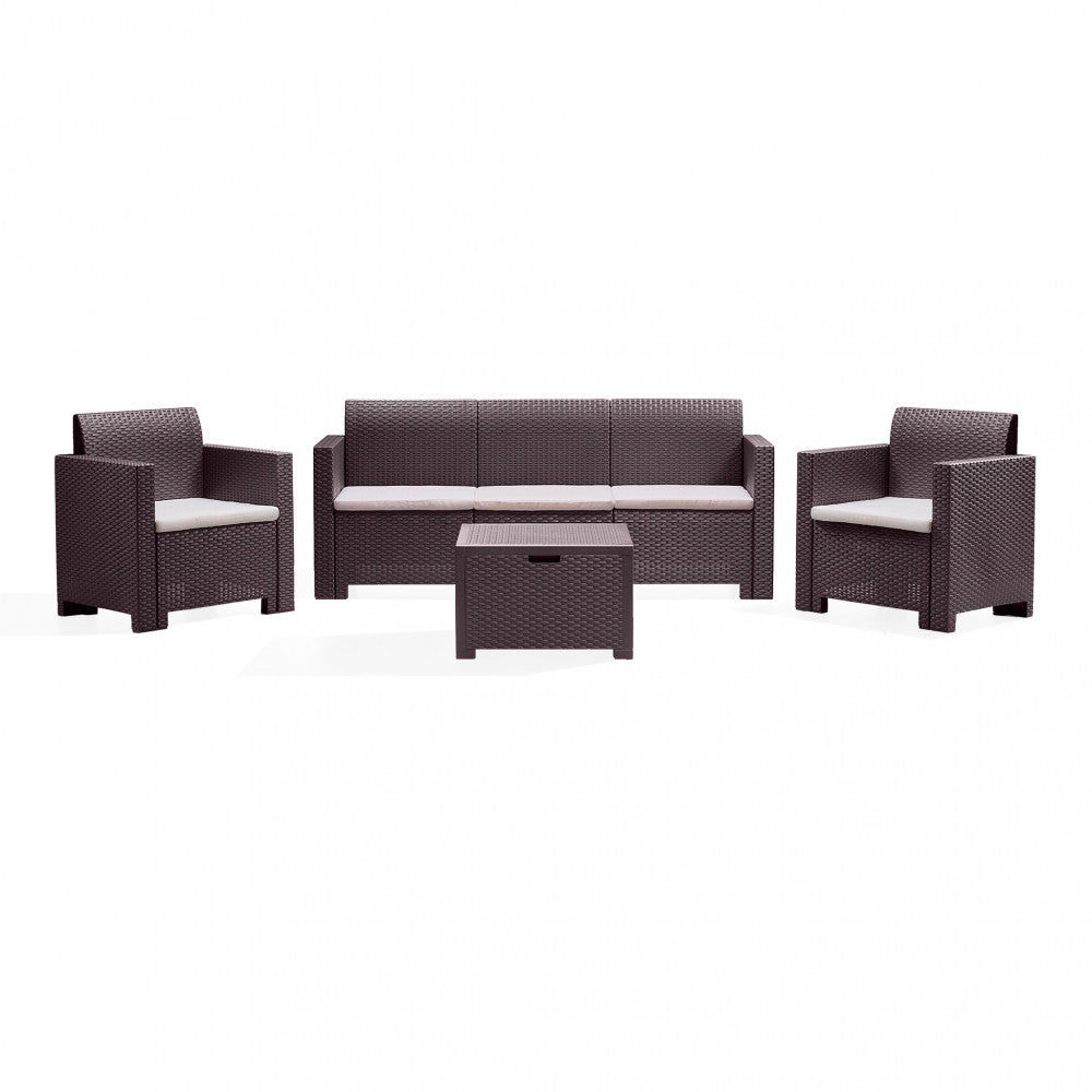 Set salotto da esterno Nebraska 3P in plastica stampata color marrone con cuscini, composto da divano, due poltrone e tavolino | Albert Stock