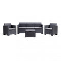 Salotto Nebraska 3 Posti in Plastica Stampata Nera effetto wicker, completo di divano, due poltrone, tavolino e cuscini.