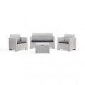 Set salotto da esterno Nebraska colore bianco 2P con struttura in plastica stampata effetto wicker color bianco, completo di cuscini e un tavolino.
