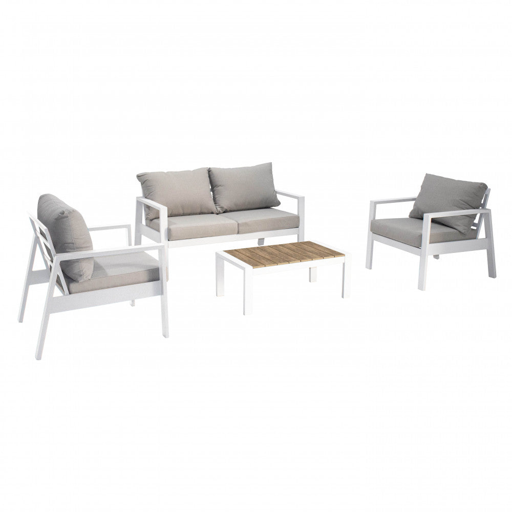 Set completo Salotto Paranà isolato su fondo bianco, mostrando divano, poltrone e tavolino.
