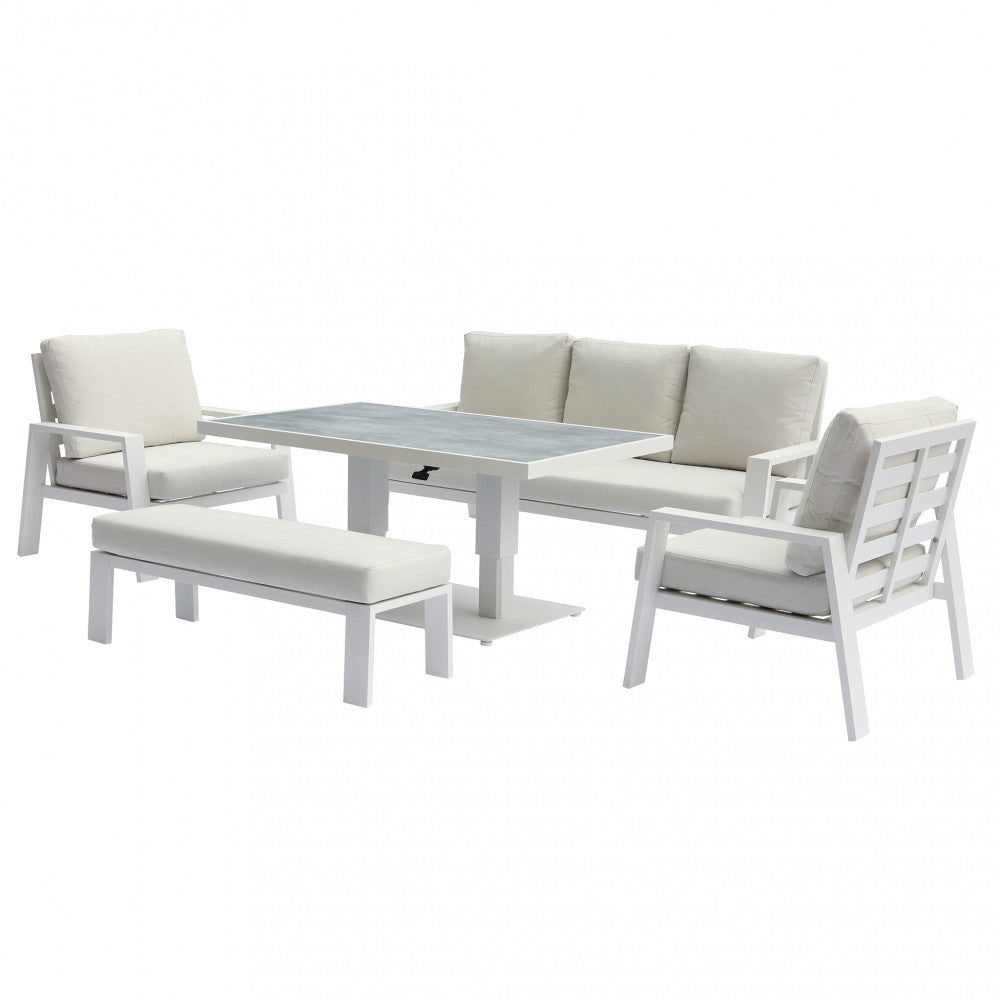 Salotto Rabat 3P con struttura in alluminio verniciato bianco e cuscini coordinati, in un ambiente esterno