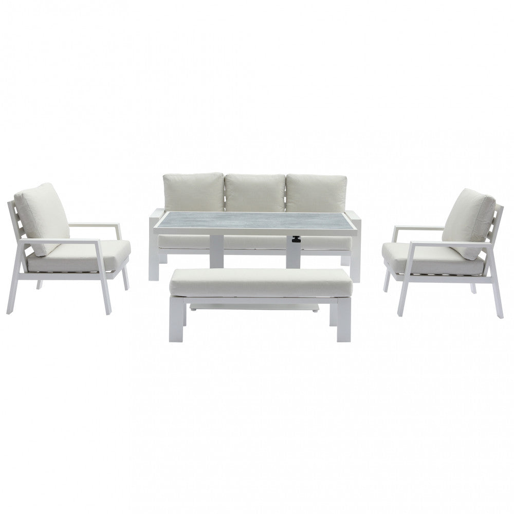 Salotto Rabat 3P con struttura in alluminio verniciato bianco e cuscini coordinati, in un ambiente esterno.