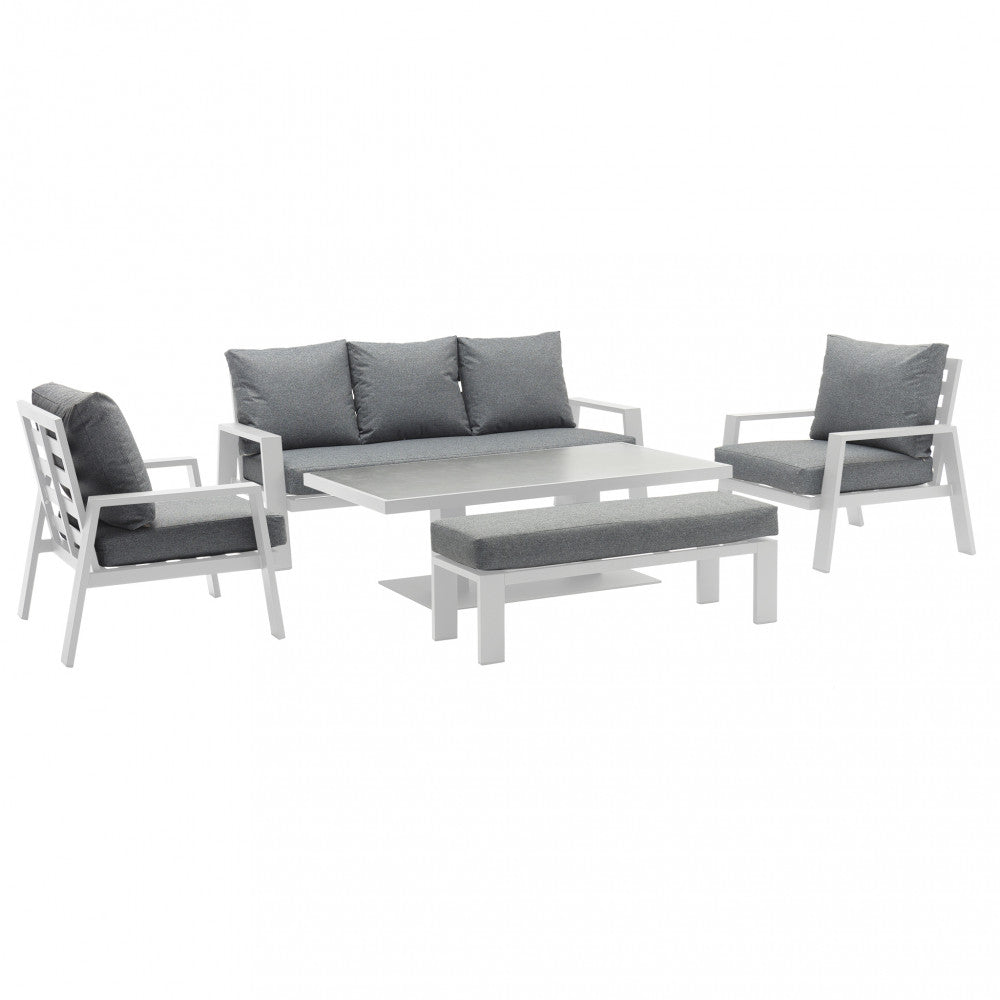 Salotto Rabat 3P con struttura in alluminio verniciato bianco e cuscini coordinati, in un ambiente esterno