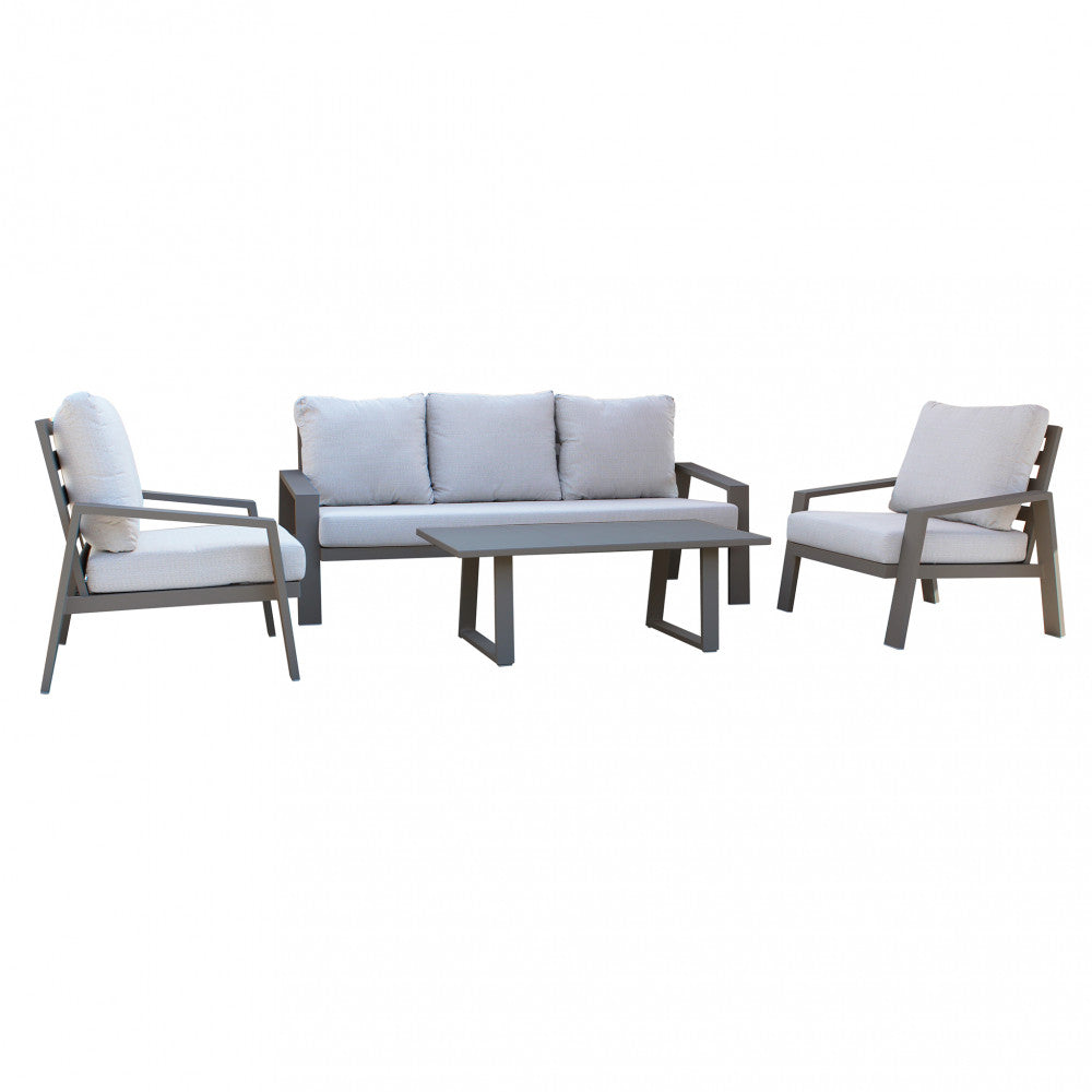 Set completo salotto Santa Cruz composto da divano, due poltrone e tavolino, isolato su sfondo bianco.