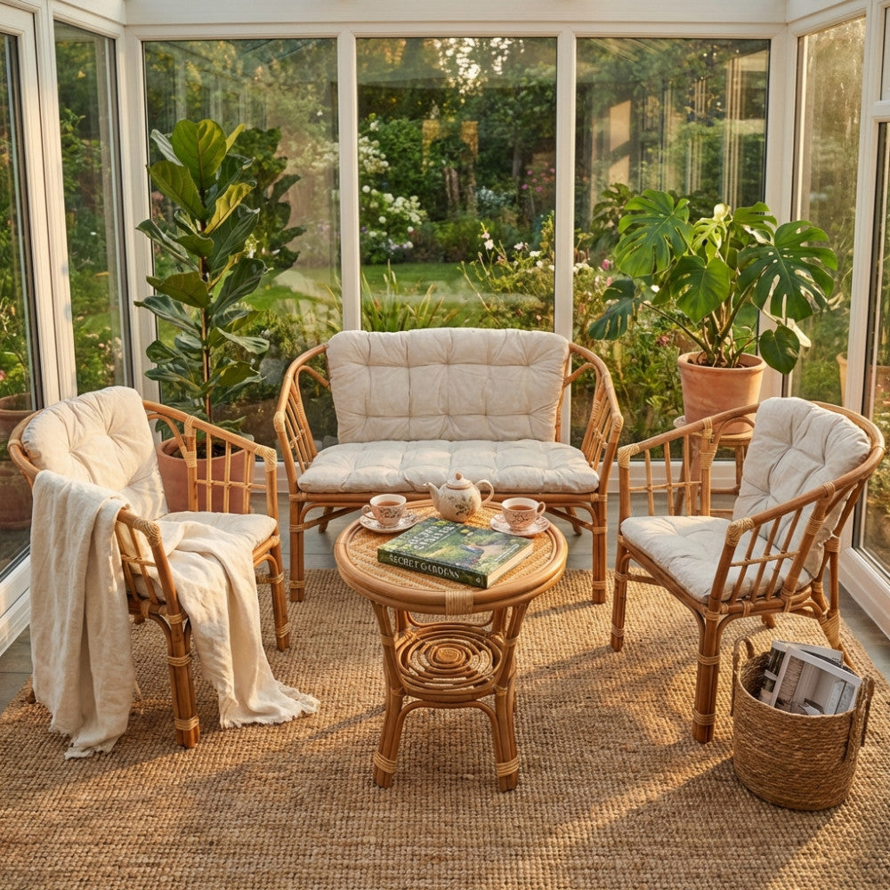 Salotto Turks in rattan marrone chiaro allestito in un luminoso giardino d'inverno con piante tropicali.