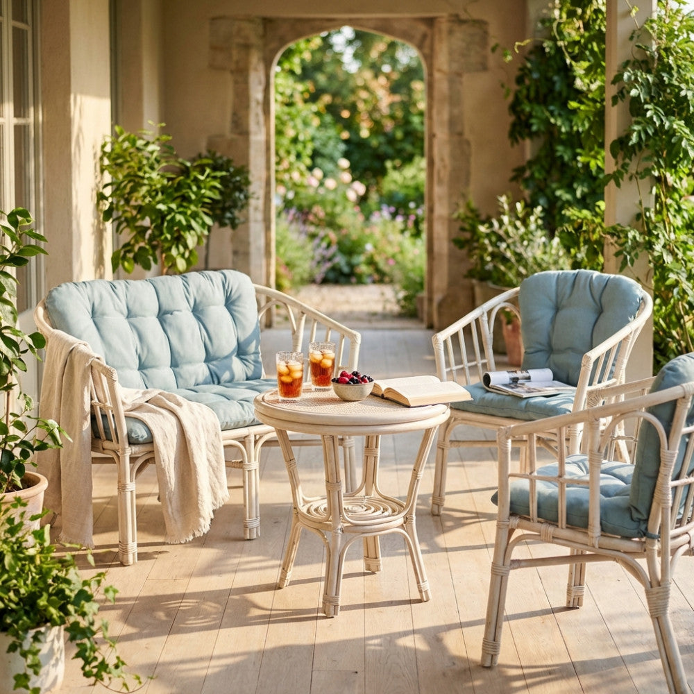 Set salotto Turks in rattan a quattro posti disposto su un patio in pietra rustica circondato dal verde del giardino.