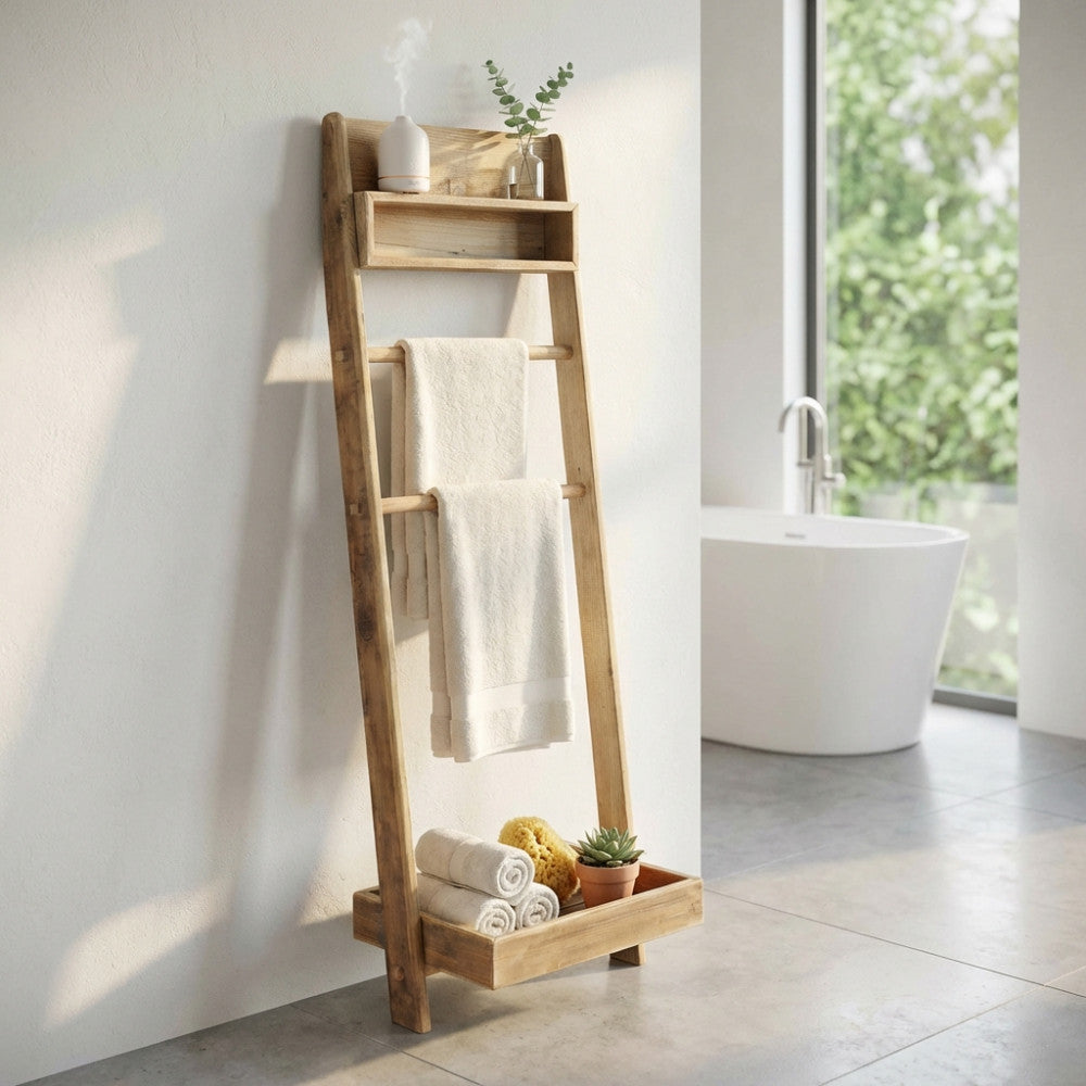 Dettaglio dello scaffale Biddy in un bagno luminoso, con asciugamani piegati e un diffusore sulla mensola superiore.